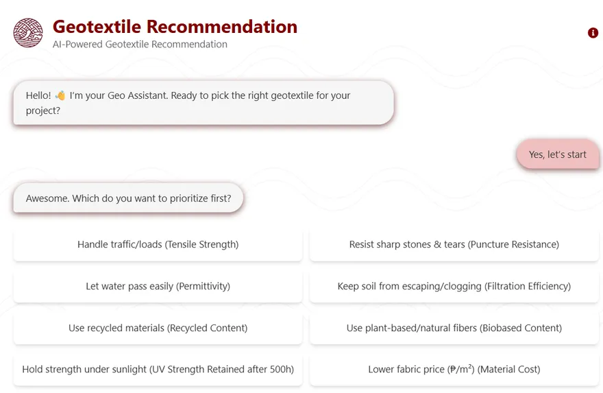 Screenshot of the Geotextile Material Predictor, a machine learning tool for geotechnical material selection